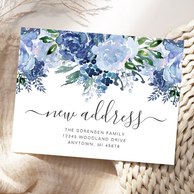 New Address Floral Dusty Blue Moving Announcement Postcard (Creator Uploaded)