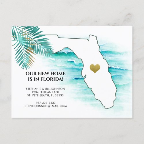 New Address Florida Map Gold Heart Moving Announcement Postcard