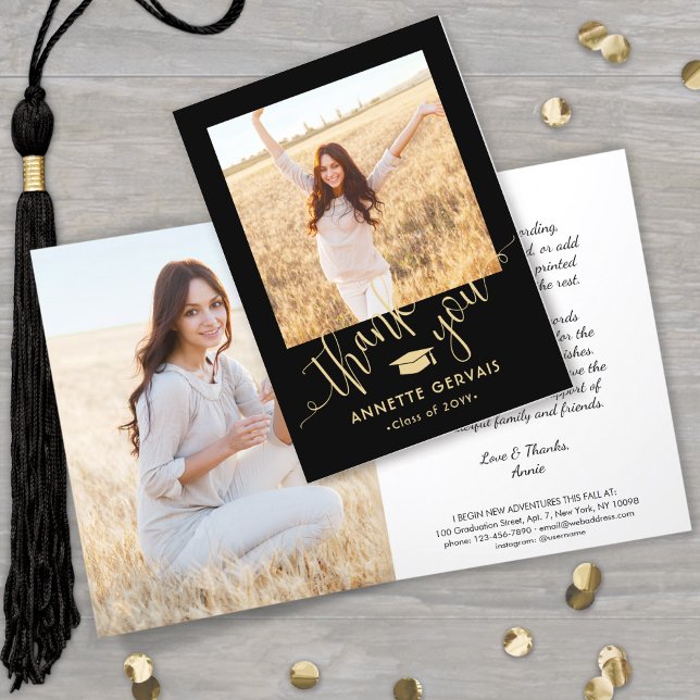 New Address & Graduation Photo Black & Gold Thank You Card (Creator Uploaded)