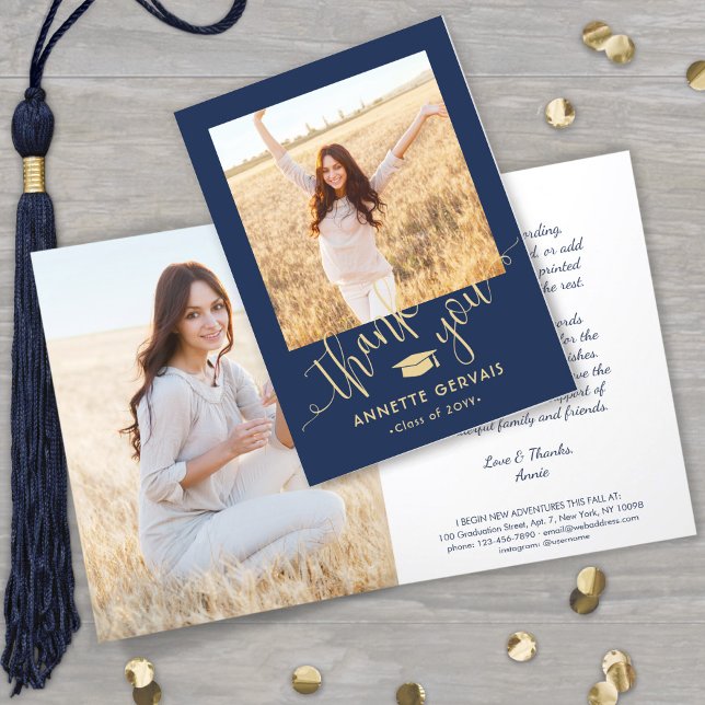 New Address & Graduation Photo Navy Blue & Gold Thank You Card (Creator Uploaded)