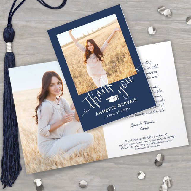 New Address & Graduation Photo Navy Blue & White Thank You Card (Creator Uploaded)
