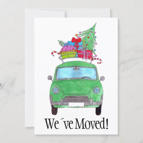 New Address Green Car Christmas Gifts Watercolor Invitation