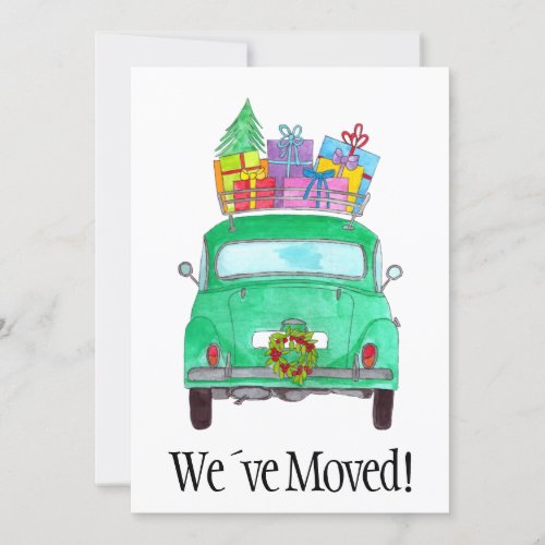 New Address Green Car Christmas Gifts Watercolor Invitation