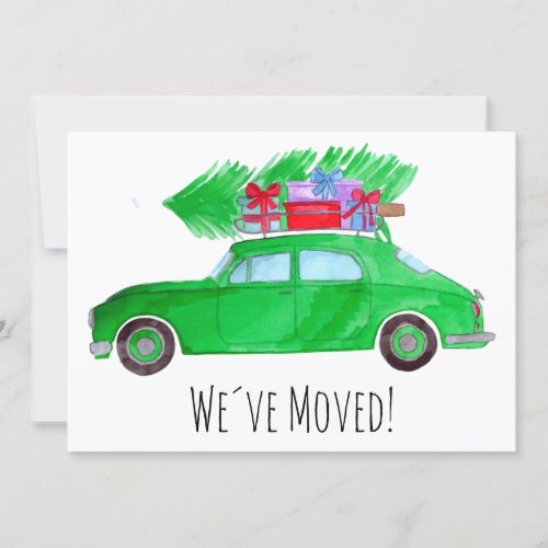 New Address Green Car Christmas Gifts Watercolor Invitation