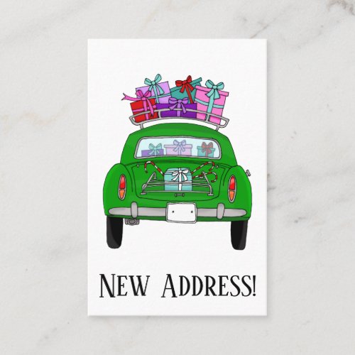 New Address Green Car with Christmas Gifts Business Card