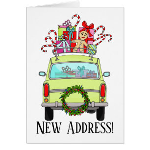 New Address Green Car with Christmas Gifts Cards