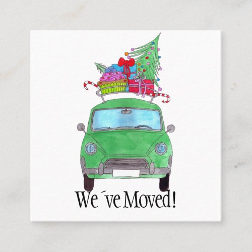 New Address Green Car with Christmas Gifts Square Business Card