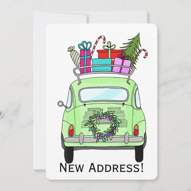 New Address green Retro Fiat 500 Christmas Gifts Invitation (Front)