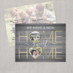 New Address Home Sweet Home Faux Wood & Gold Photo Announcement Postcard