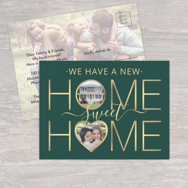 New Address Home Sweet Home Green & Gold 3 Photo Announcement Postcard (Creator Uploaded)