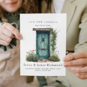 New Address I Watercolor Green Front Door Flowers Announcement