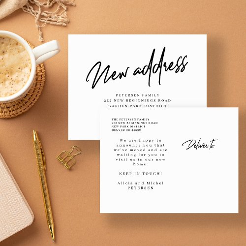 New address modern script moving announcement postcard