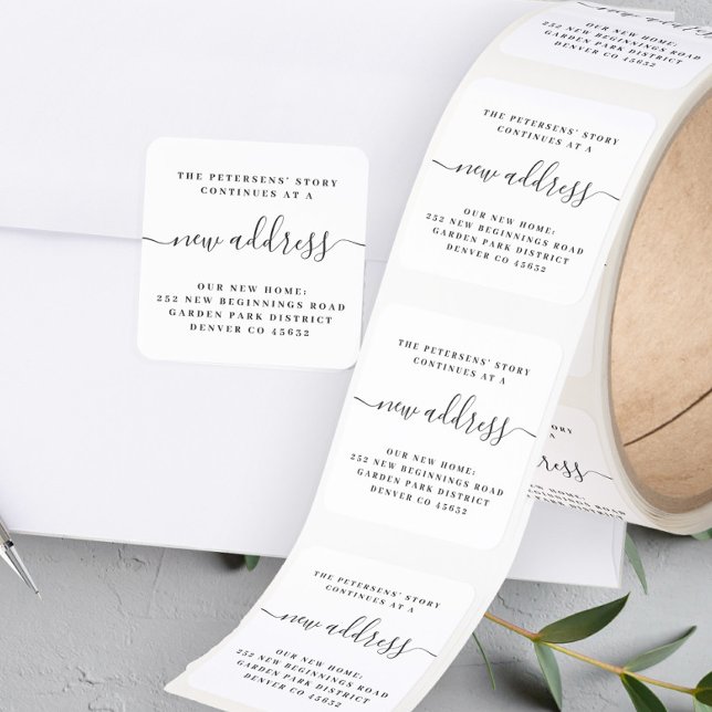 New address modern script moving announcement square sticker (Creator Uploaded)
