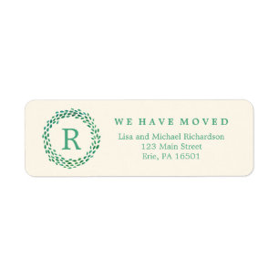 New Address Monogram and Green Watercolor Wreath Label