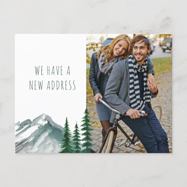 New Address Mountain Forest Pine Photo Moving Holiday Postcard Zazzle