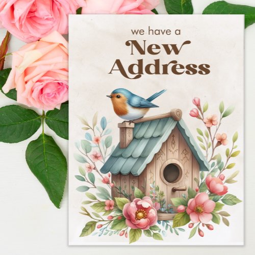 New Address Moving Announcement Birdhouse Flowers