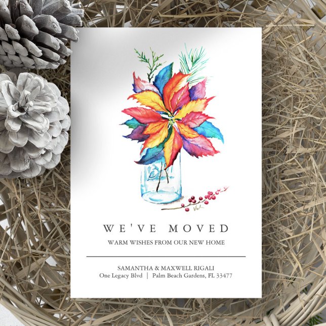 New Address Moving Announcement Watercolor (Christmas moving announcement watercolor poinsettia by Victoria Grigaliunas of Do Tell A Belle)