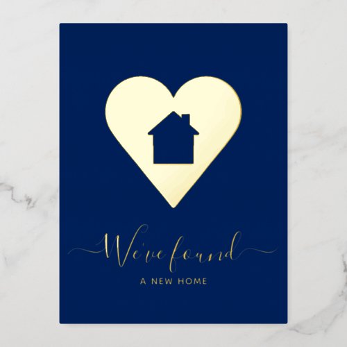 New Address Navy Blue Gold Heart New Home House Foil Holiday Postcard