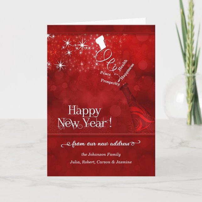 New Address New Year Champagne in Red Holiday Card (Front)