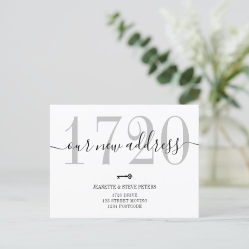 New Address number black white chic script moving Announcement Postcard
