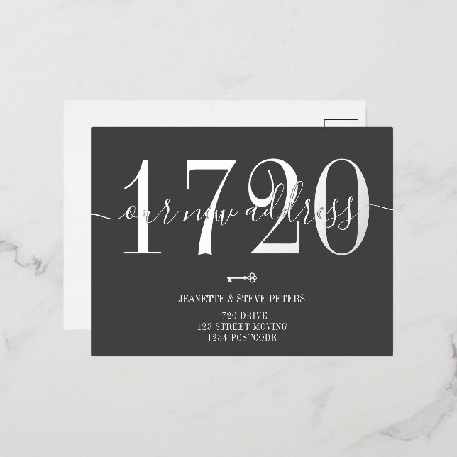 New Address number gray silver script moving Foil Invitation Postcard (Front/Back)