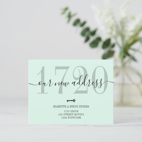 New Address number mint green chic script moving Announcement Postcard