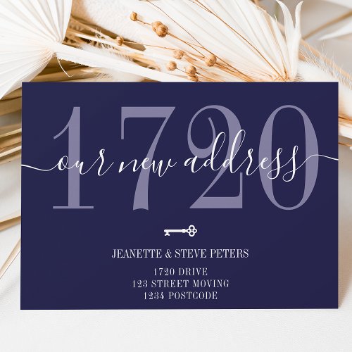 New Address number navy blue chic script moving Announcement
