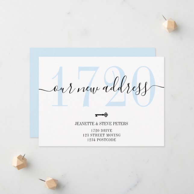 New Address number pastel blue chic script moving Announcement (Front/Back In Situ)