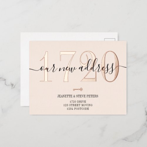 New Address number rose gold blush script moving Foil Invitation Postcard