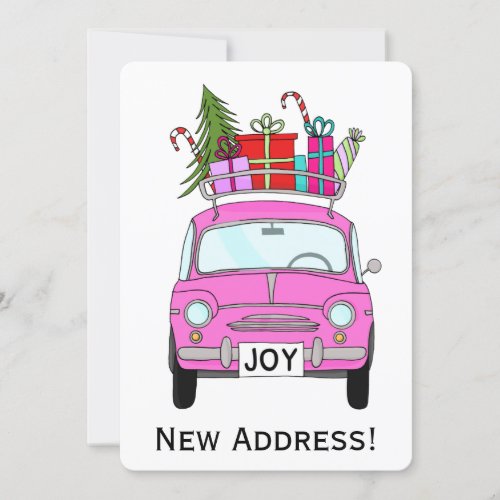 New Address Pink Car with Christmas Gifts Invitation