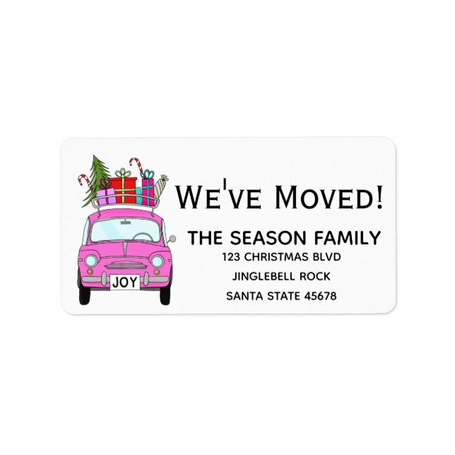 New Address Pink Car with Christmas Gifts Label (Front)