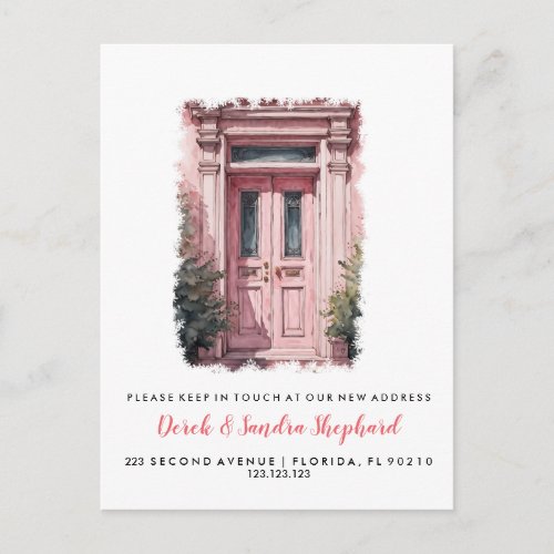 new address Pink door Announcement Postcard