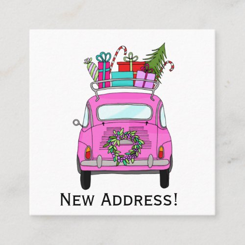 New Address Pink Fiat 500 with Christmas Gifts Square Business Card