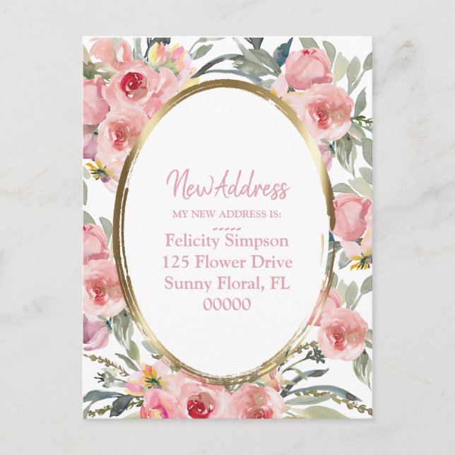 New Address|Pink Floral Geometric Moving Notice Postcard (Front)