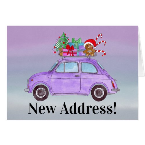 New Address Purple Car with Christmas Gifts