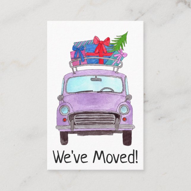 New Address Purple Car with Christmas Gifts Business Card (Front)