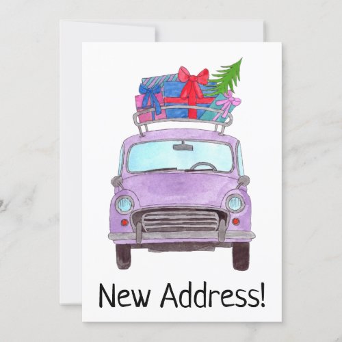 New Address Purple Car with Christmas Gifts Invitation