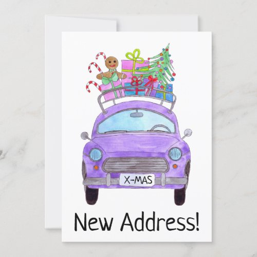 New Address Purple Car with Christmas Gifts Invitation