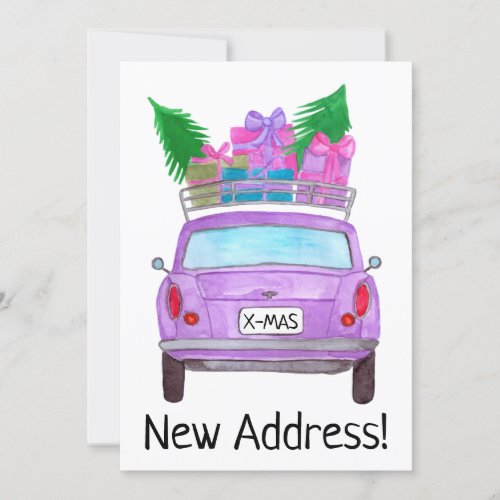 New Address Purple Car with Christmas Gifts Invitation