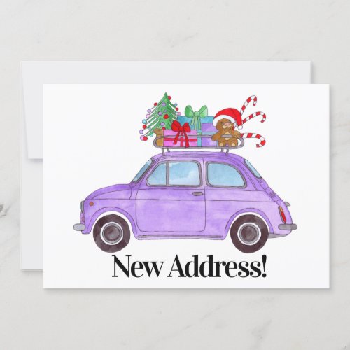 New Address Purple Car with Gifts Invitation