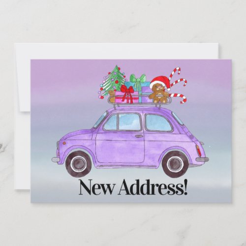 New Address Purple Car with Gifts Invitation