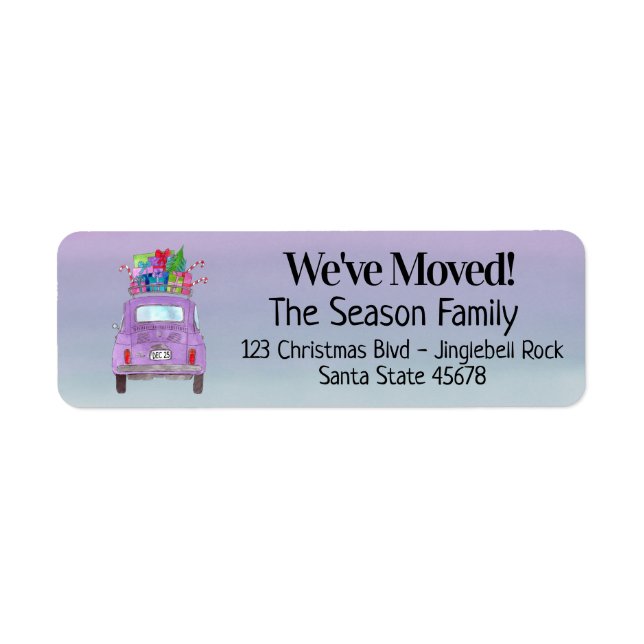 New Address Purple Fiat 500 with Christmas Gifts Label (Front)