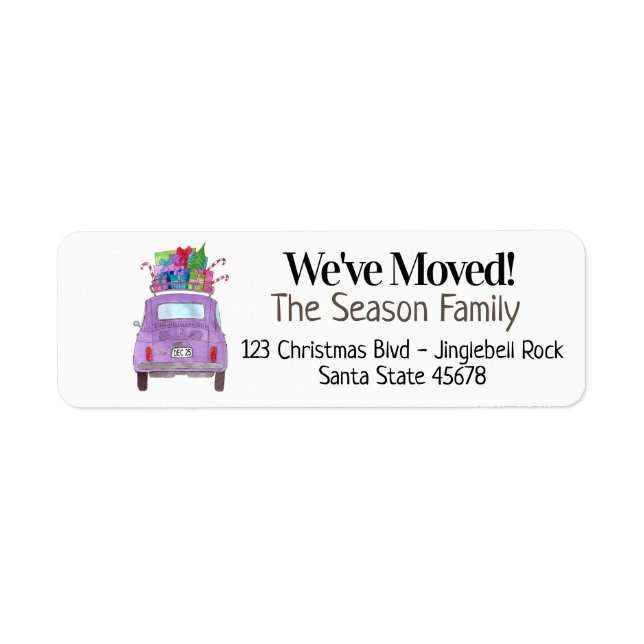 New Address Purple Fiat 500 with Christmas Gifts Label (Front)