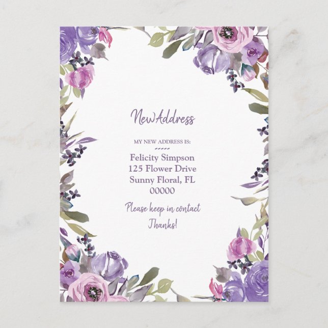 New Address|Purple Floral Moving Notification Postcard (Front)