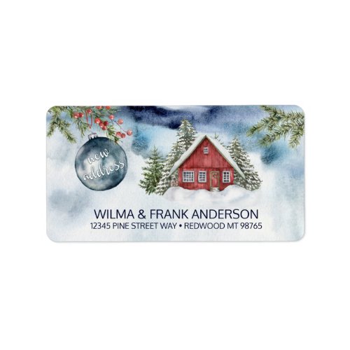 New Address Red Cabin in Snow with Blue Ornament Label