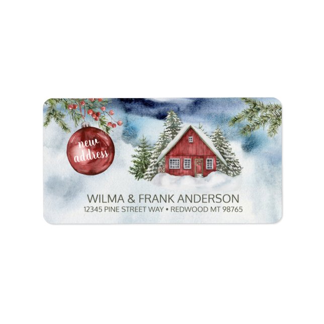 New Address Red Cabin in Snow with Evergreens Labe Label (Front)
