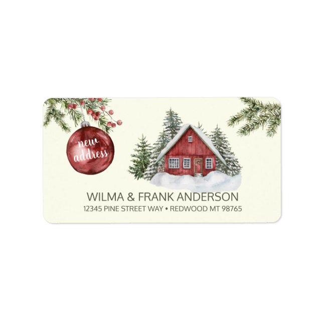 New Address Red Cabin in Snow with Evergreens Label (Front)