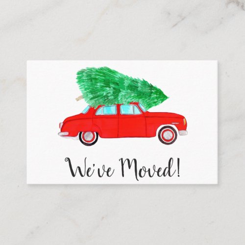 New Address Red Car Christmas tree Watercolor Business Card