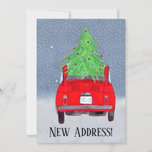 New Address Red Car with Christmas Tree Invitation