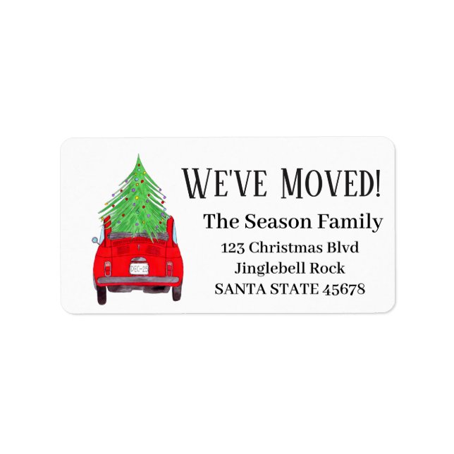 New Address Red Car with Christmas Tree Label (Front)